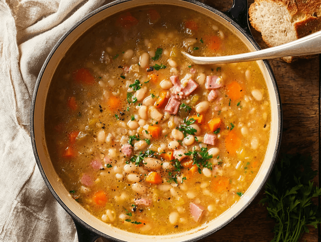 Navy Bean Soup Recipe – 5 Secrets to Ultimate Comfort 6 Cozy navy bean soup recipe with ham and vegetables in a warm rustic bowl.