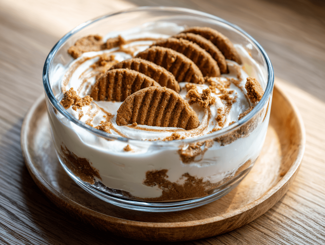 2-Ingredient Japanese Cheesecake Yogurt: Powerful, Fast Happy Dessert 4 2-ingredient Japanese cheesecake yogurt with Biscoff cookies in a glass bowl