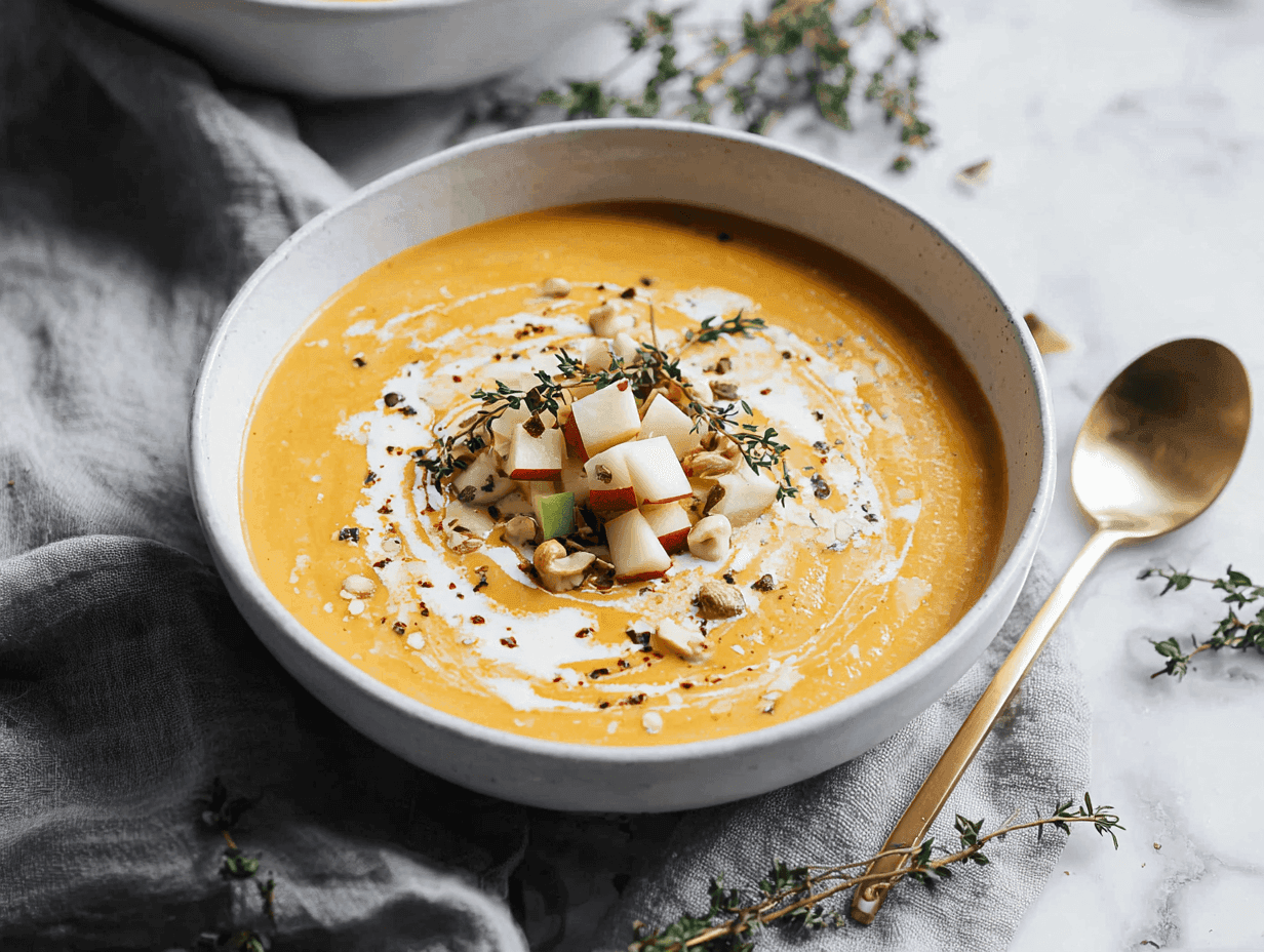Butternut Squash and Apple Soup: 5 Irresistible Reasons You’ll Love This Creamy Fall Comfort 12 Creamy butternut squash and apple soup with coconut milk in a white bowl topped with coconut cream, nuts, and herbs.