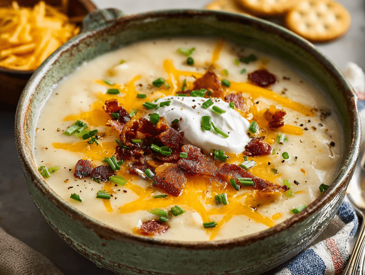 Crockpot Potato Soup Recipe – 5 Comforting Reasons You’ll Love This Cozy Classic 10 Crockpot Potato Soup topped with cheddar cheese, bacon, and chives in a rustic bowl