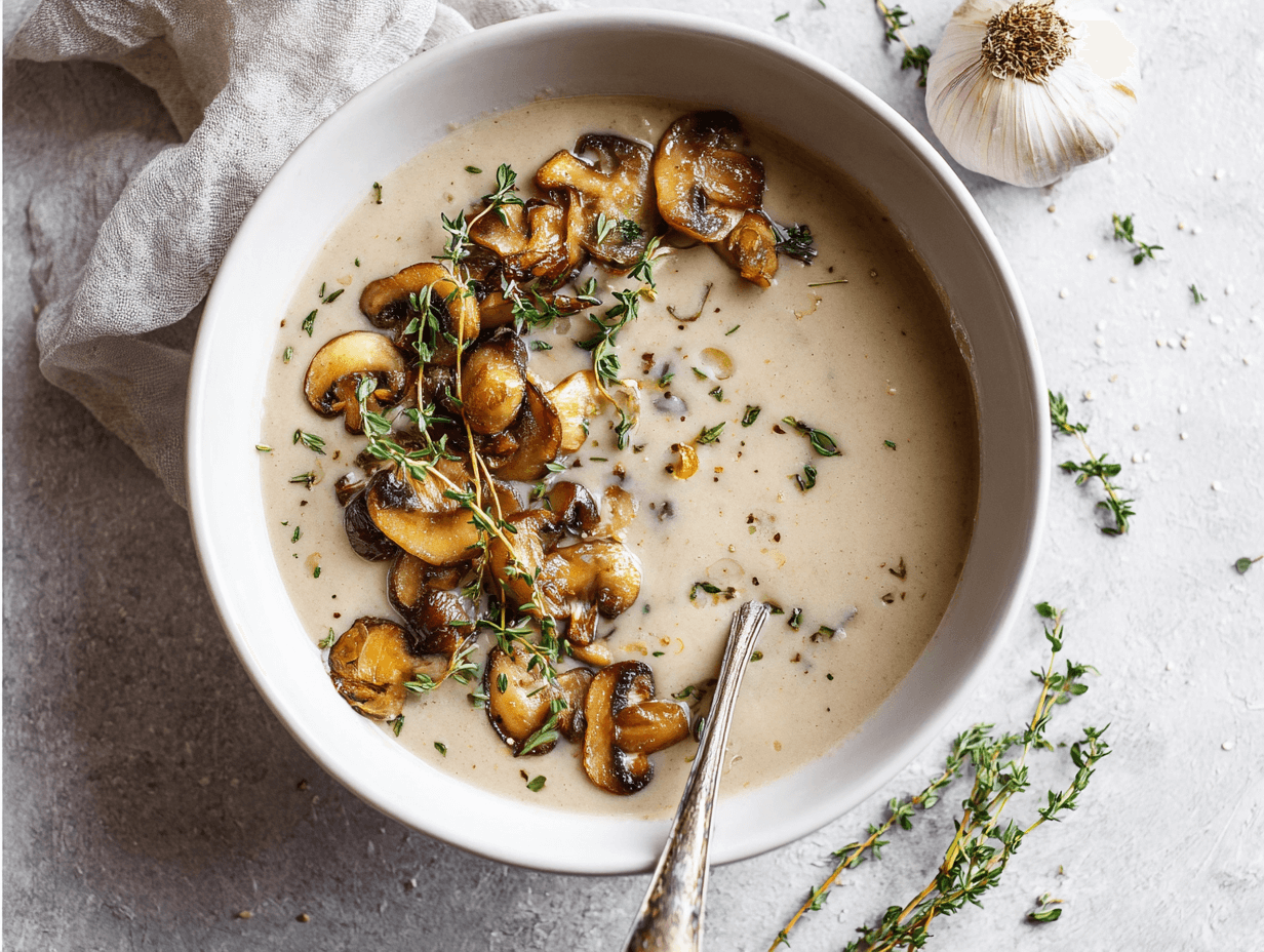 Dairy-Free Cream of Mushroom Soup 1 dairy-free cream of mushroom soup topped with sautéed mushrooms and fresh thyme