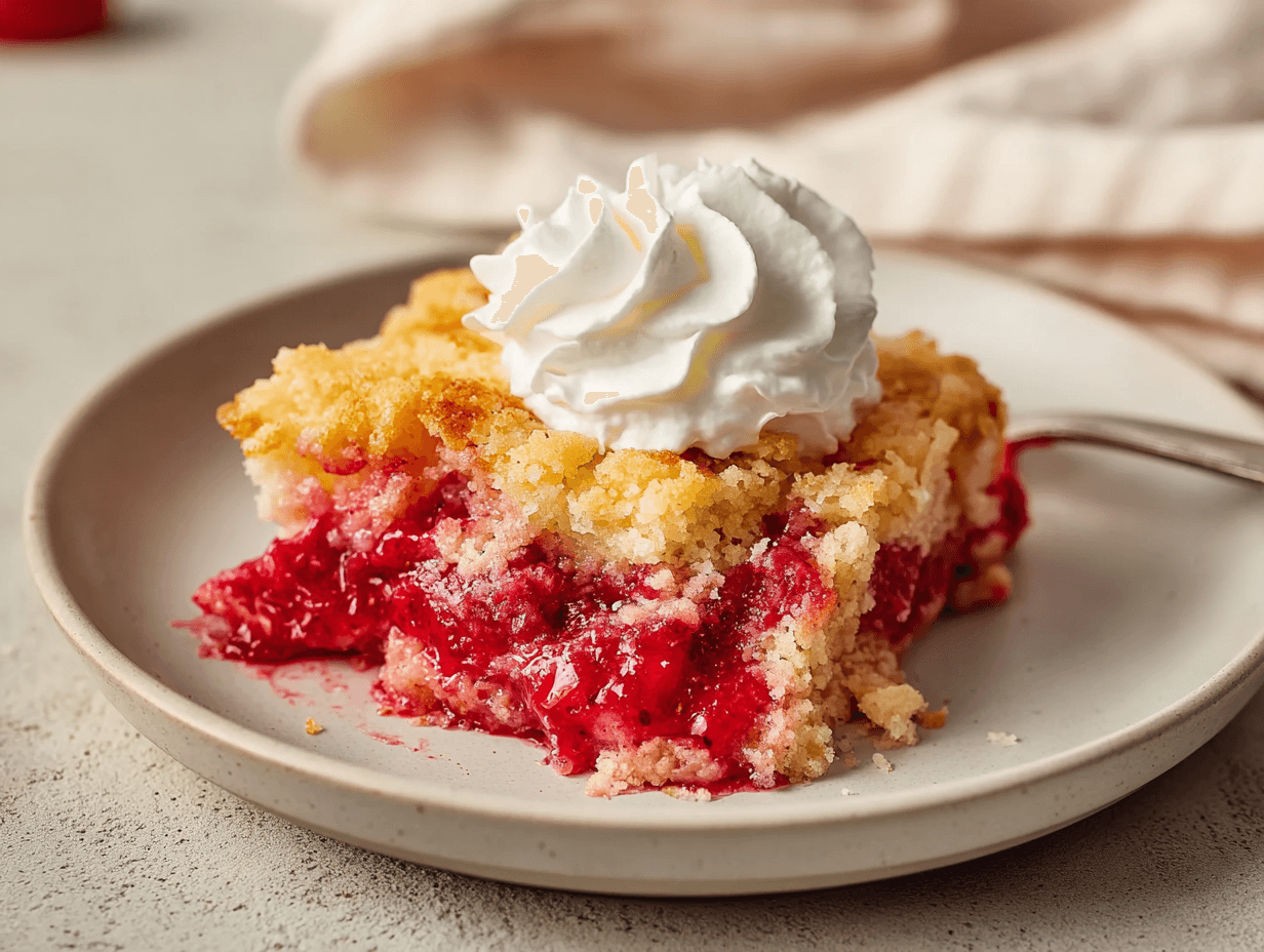 Dump Cake Magic From the ’90s That’s Back and Shockingly Easy 2 dump cake magic strawberry dessert slice with whipped cream