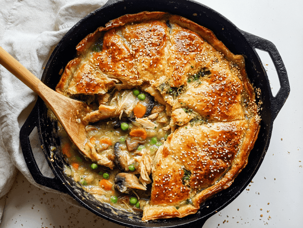 easy chicken pot pie with cream of chicken soup in cast iron skillet