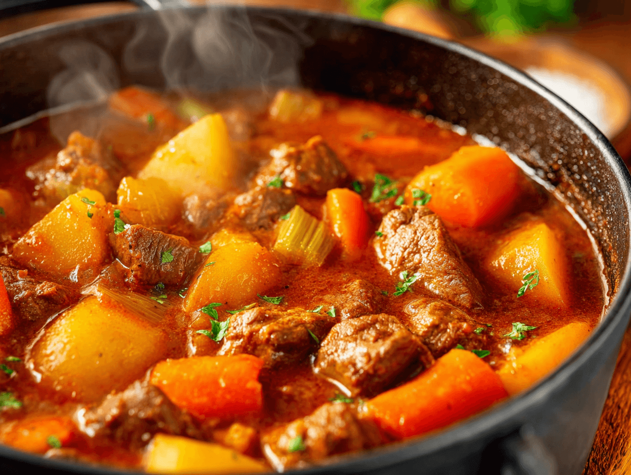 Hawaiian Beef Stew Recipe – 5-Star Comfort Dish You’ll Love 1 Hawaiian beef stew simmering with beef, potatoes, and carrots in a tomato-shoyu broth