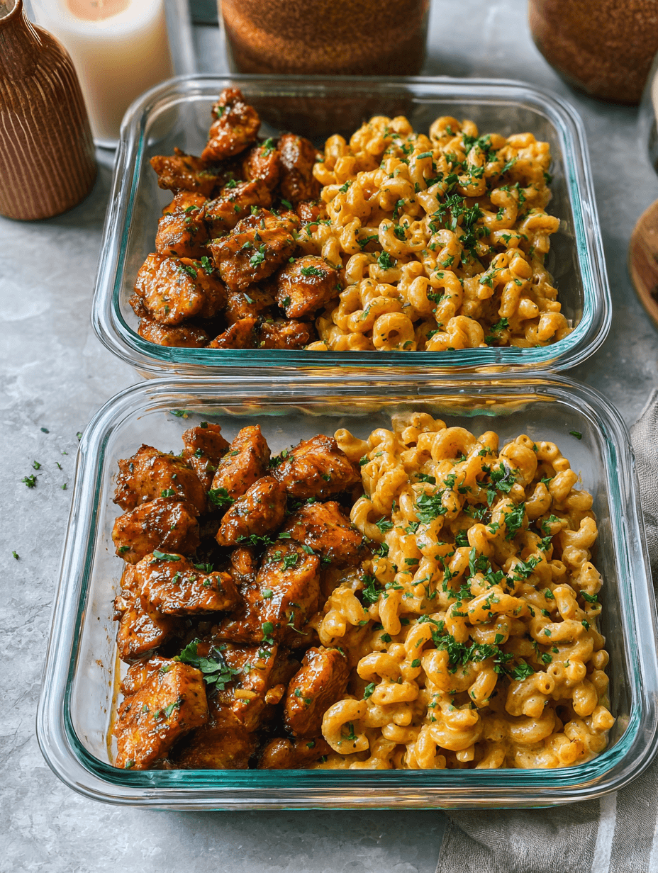 High-Protein Honey Garlic Butter Chicken with Mac & Cheese 3 high-protein honey garlic butter chicken with mac and cheese meal prep containers