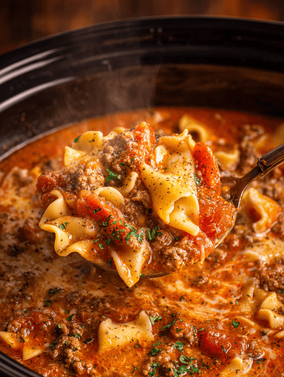 Lasagna Soup Crockpot: 5 Easy Steps to Delicious Comfort 13 Ladle serving lasagna soup crockpot with noodles, beef, and melted cheese