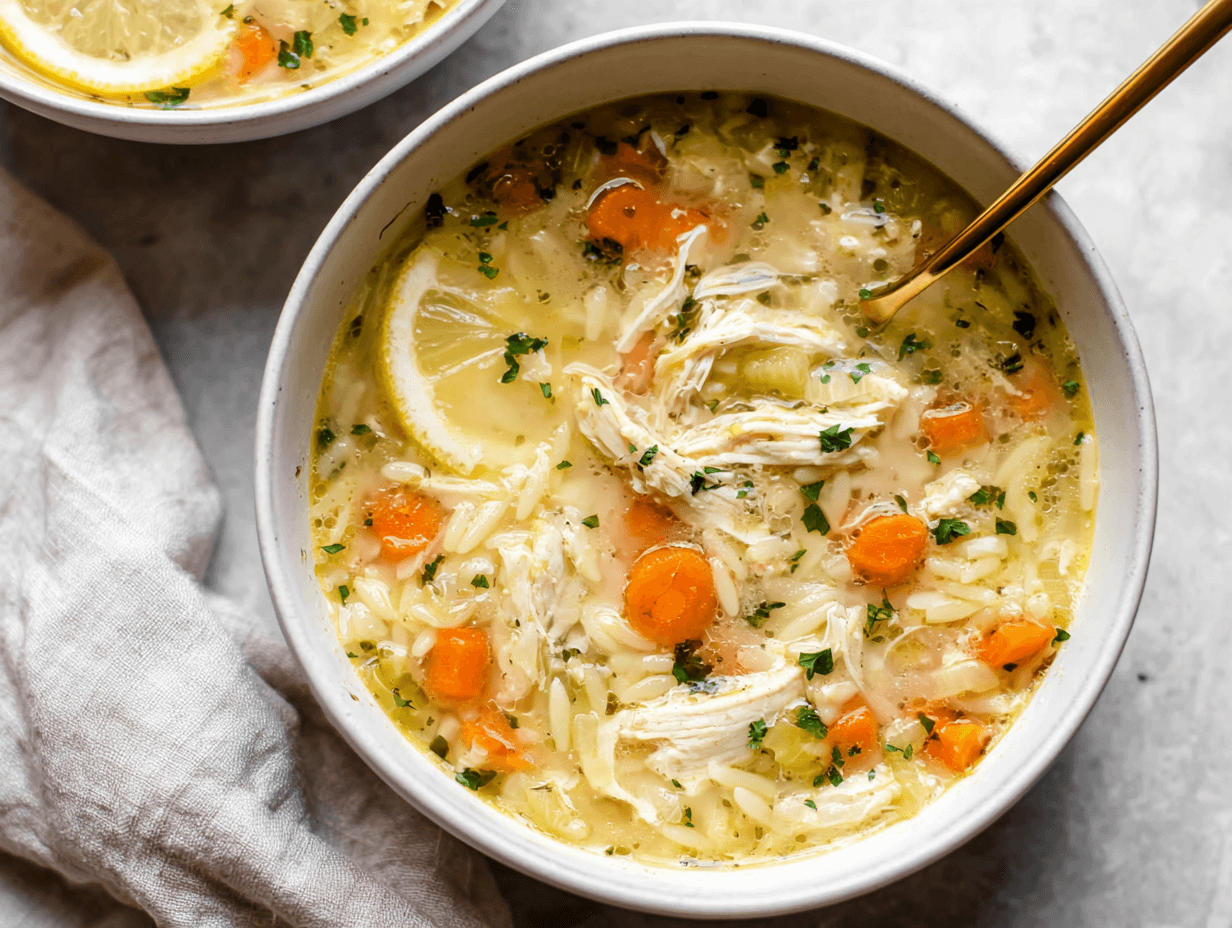 Is Lemon Chicken Orzo Soup Healthy? 7 Proven Benefits You’ll Love 12 is lemon chicken orzo soup healthy — fresh homemade lemon chicken orzo with carrots, chicken, and lemon slice in a creamy broth