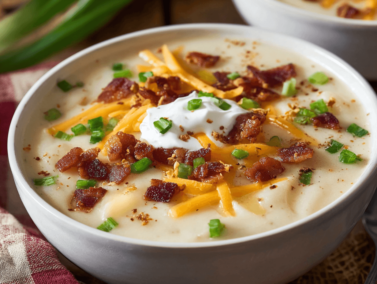 Loaded Potato Soup Recipe | 5-Star Creamy Comfort You’ll Love 1 Loaded Potato Soup with bacon, cheese, and green onions in white bowl