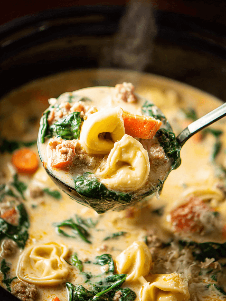 Slow Cooker Tortellini Soup – A Creamy, Comforting Classic You’ll Love 12 Ladle serving creamy slow cooker tortellini soup with spinach, sausage, and carrots