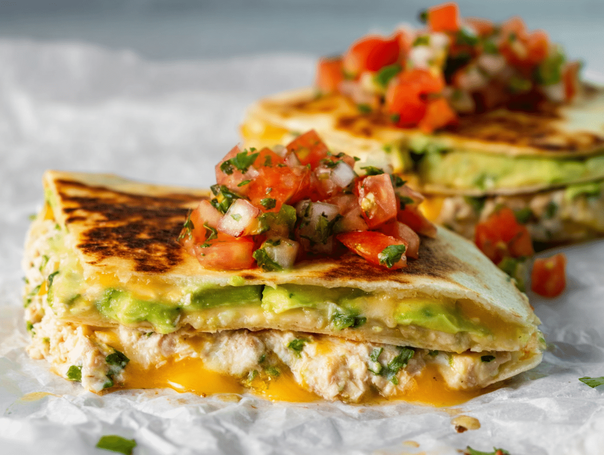 Tuna Melt Quesadillas That Stay Crispy and Cheesy 5 tuna melt quesadillas cross section with melted cheese and tuna filling