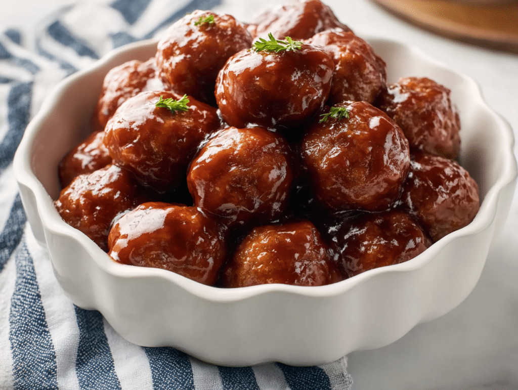 3-Ingredient Crockpot BBQ Meatballs glistening in sauce inside a white bowl