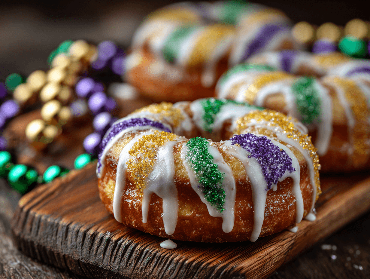 Air Fryer Mini King Cakes With a Joyful Mardi Gras Bite 4 Air Fryer Mini King Cakes with glaze and Mardi Gras sprinkles