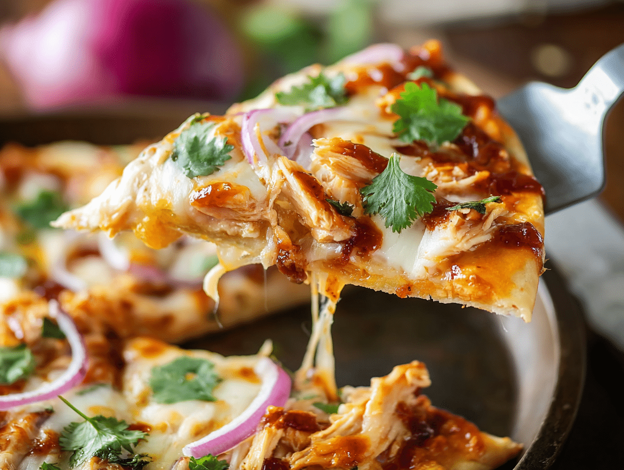 BBQ Chicken Flatbread Pizza – Fast, Crispy, Crowd-Pleasing Dinner 4 BBQ Chicken Flatbread Pizza slice with melted cheese, red onion, cilantro, and BBQ drizzle