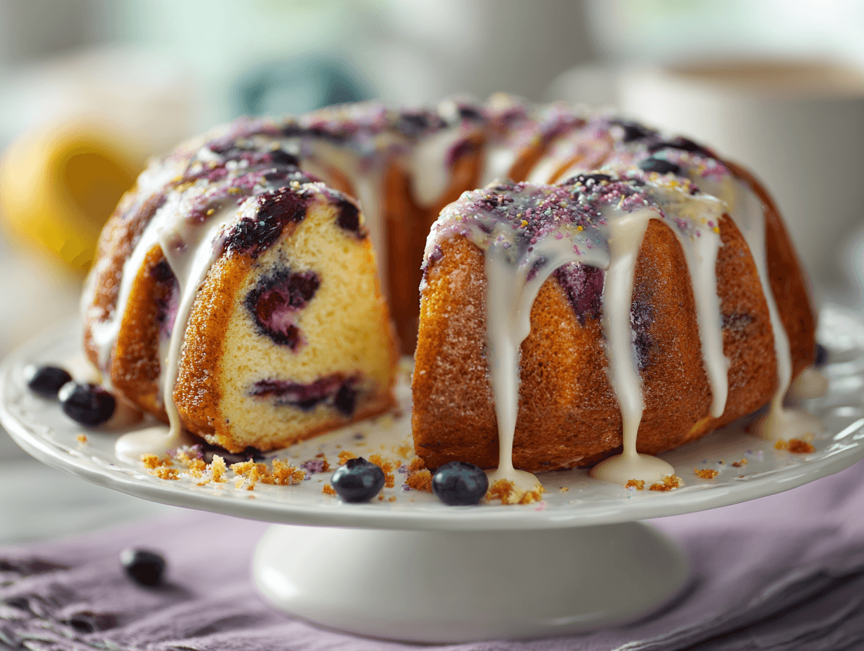 Blueberry cream king cake on a cake stand with glaze