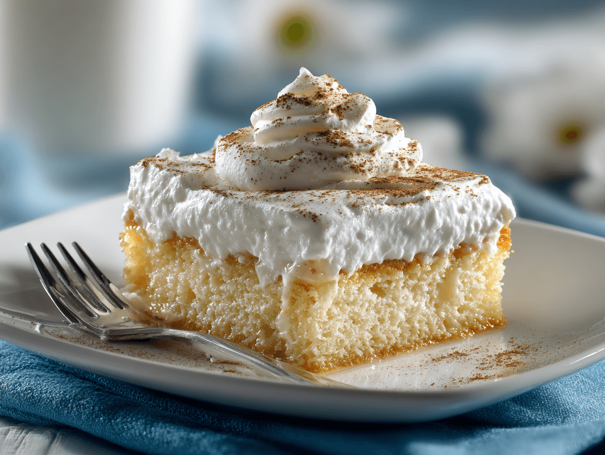 Box Cake Tres Leches That Tastes Rich and Bakery-Soft 4 Box cake tres leches slice with whipped cream topping
