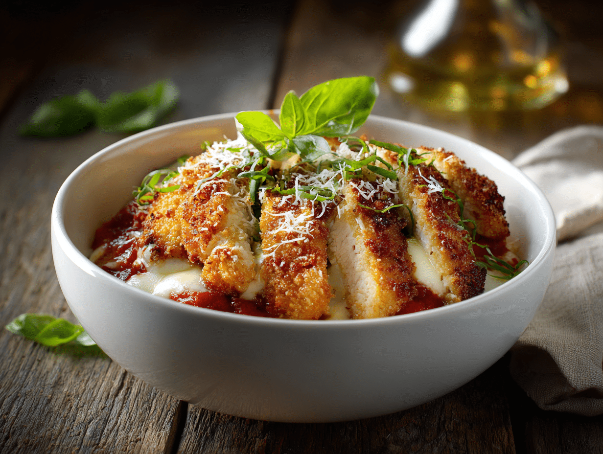 Cheese Chicken Parm Bowl – Rich, High-Protein Comfort Win 4 Serving bite of Cheese Chicken Parm Bowl with stretchy mozzarella