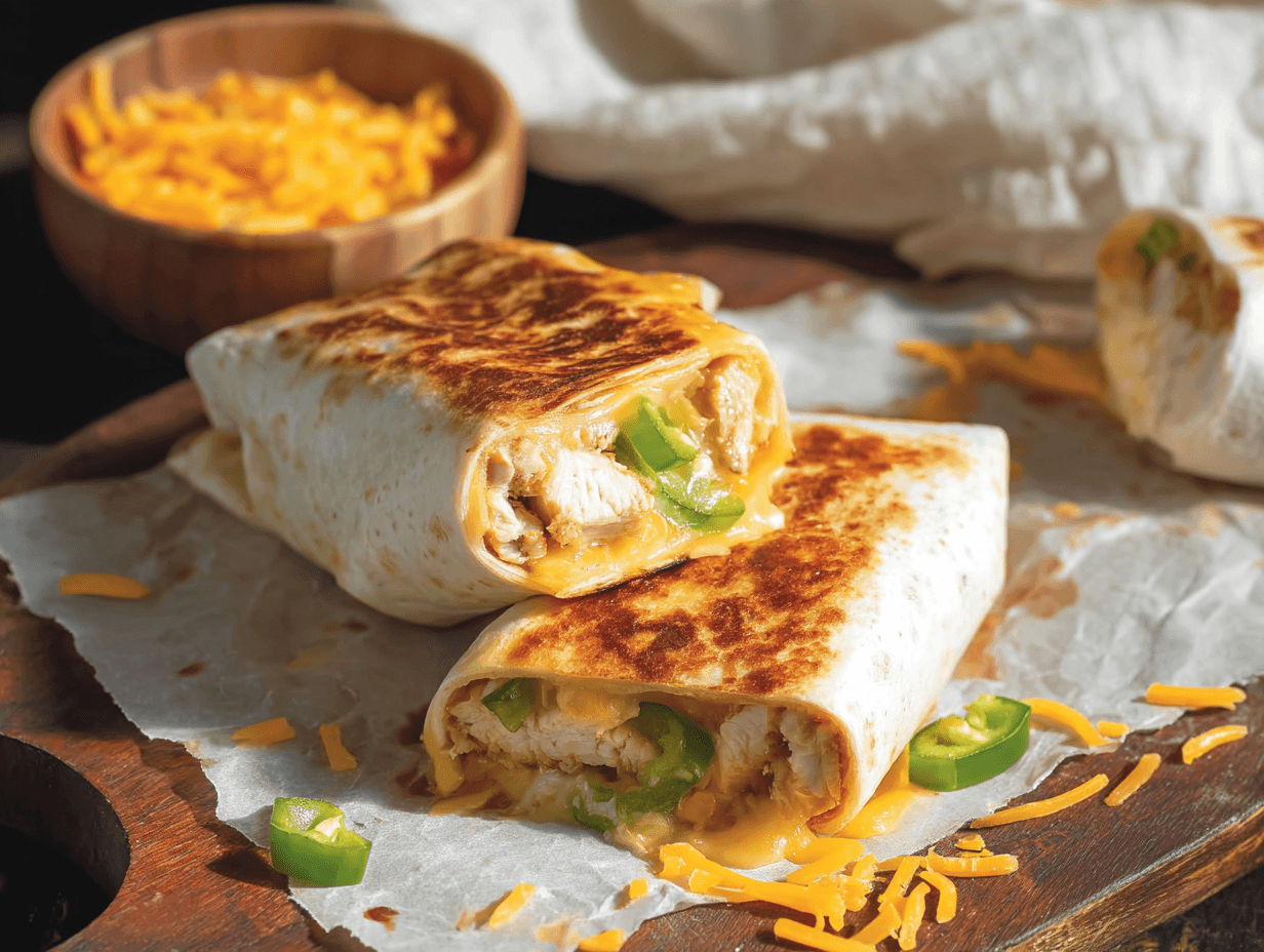 Cheesy Garlic Chicken Wraps Recipe | Easy Family Favorite 4 Cheesy garlic chicken wrap recipe sliced with melted cheese and green peppers
