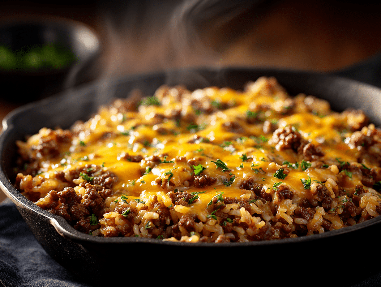 Cheesy Ground Beef and Rice Skillet: Easy, Cozy Weeknight Win 4 cheesy ground beef and rice skillet in a cast-iron pan