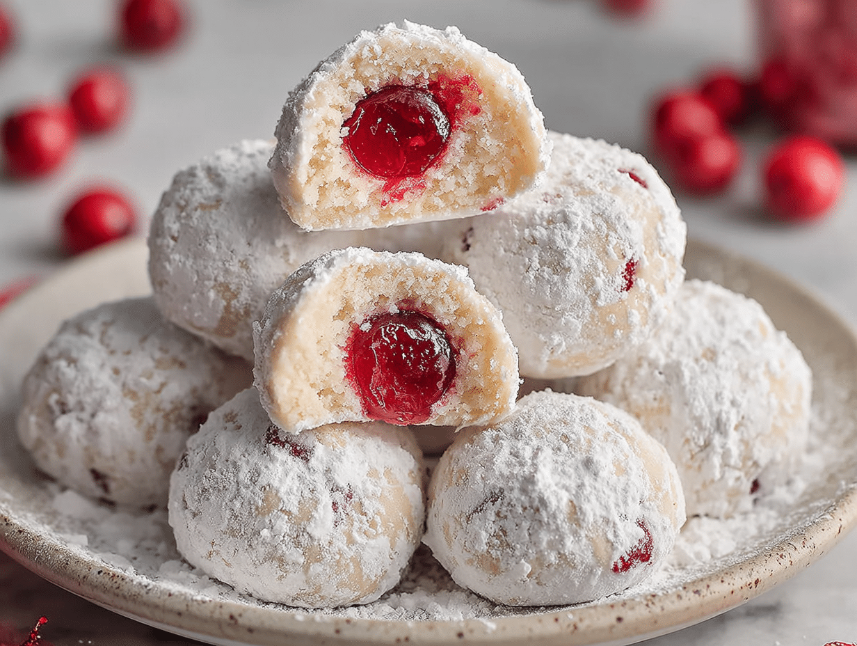 Cherry Snowball Cookies That Melt in Your Mouth (Easy Holiday Recipe) 1 Cherry snowball cookies with powdered sugar and a red maraschino cherry center