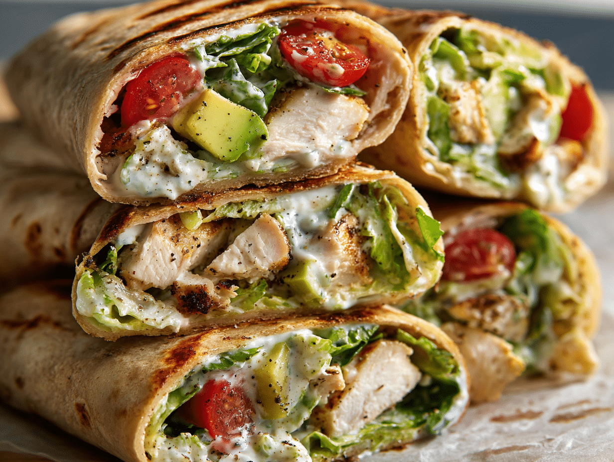 Chicken Caesar Wrap Recipe Easy – Fresh & Satisfying Every Time 4 chicken caesar wrap with avocado and cherry tomatoes