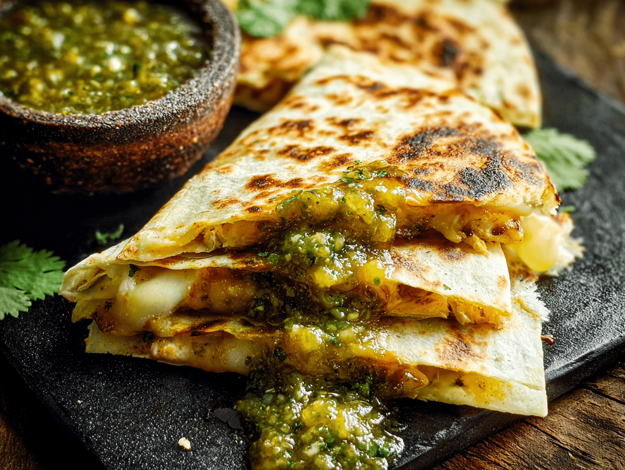 Chicken Quesadillas with Salsa Verde – Easy, Crispy & Flavor-Packed 4 Chicken Quesadillas with Salsa Verde crispy and sliced