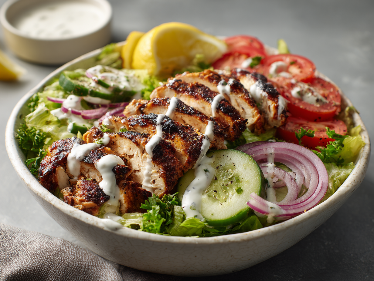 Chicken Shawarma Salad Yogurt Sauce with bright flavor and zero heaviness 4 Chicken Shawarma Salad Yogurt Sauce bowl with spiced chicken and fresh salad