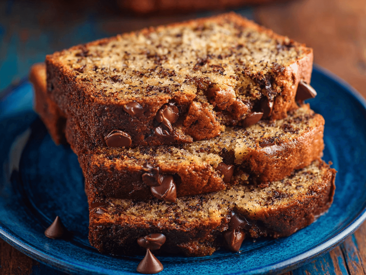 Chocolate Chip Banana Bread Recipe That’s Soft, Moist, and Easy 4 chocolate chip banana bread recipe sliced and served