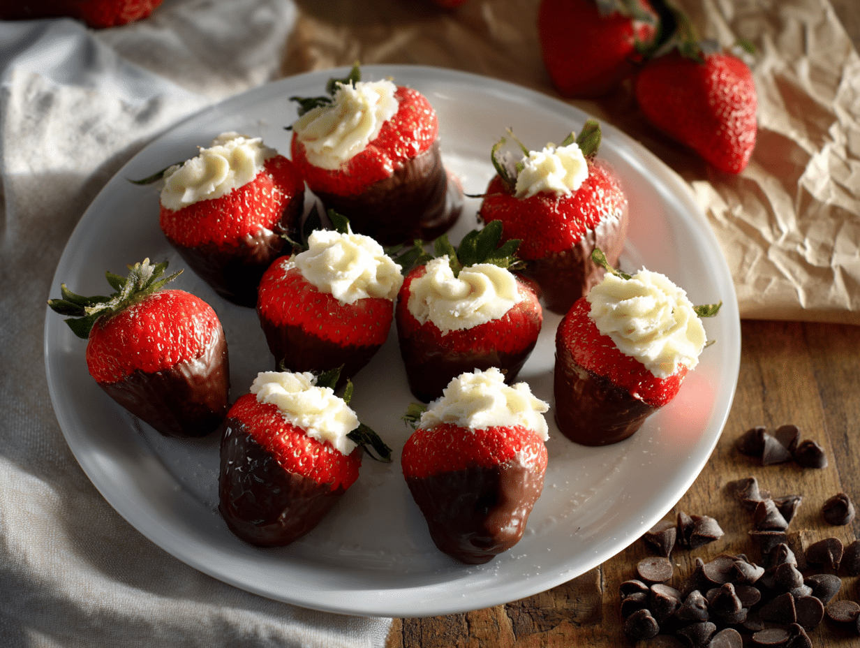 Chocolate Covered Cheesecake Strawberries: 5 Easy No-Bake Treats 4 Chocolate covered cheesecake strawberries filled with creamy cheesecake on a white plate