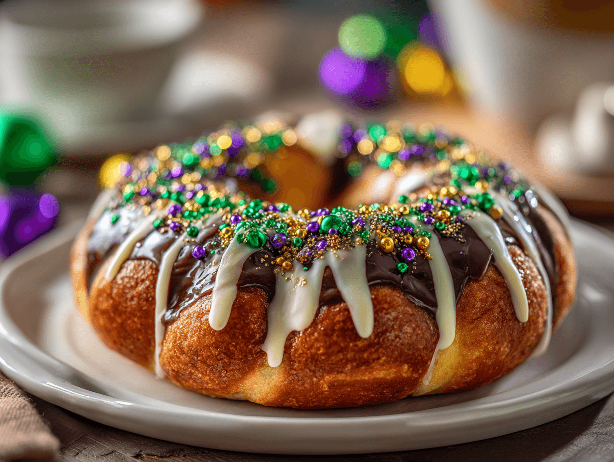 Chocolate Filled King Cake That Always Wins at Parties 4 Chocolate filled king cake with glaze and festive sugar
