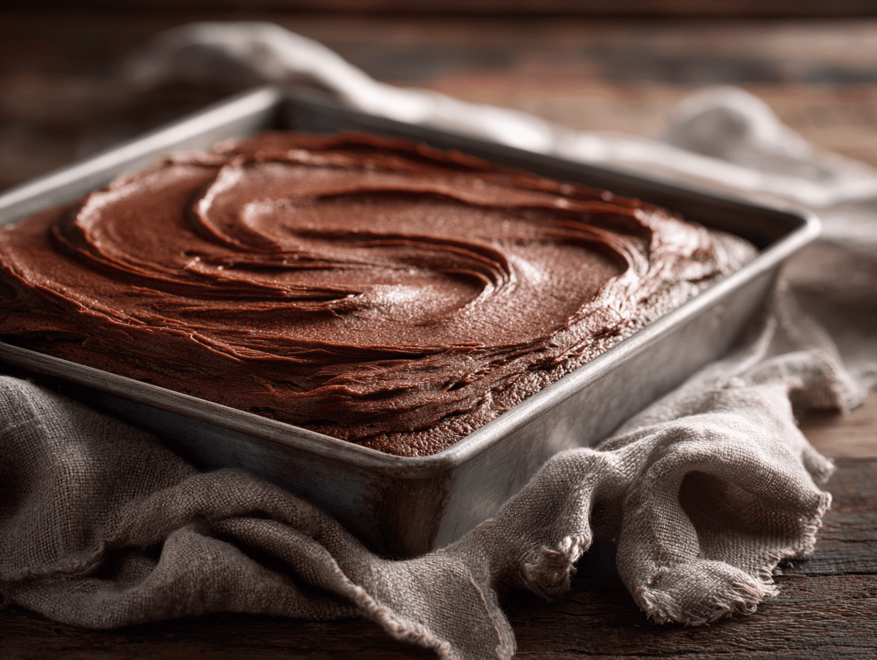 Chocolate Sheet Cake Recipe That Brings Big Comfort (Moist, Easy, No Fuss) 4 chocolate sheet cake recipe in a pan with glossy frosting