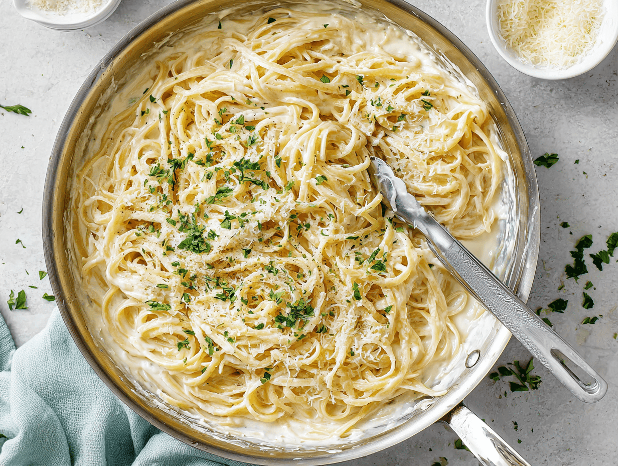 Cottage Cheese Alfredo Pasta That Tastes Rich and Feels Light 4 Cottage Cheese Alfredo Pasta in a skillet topped with parmesan and parsley