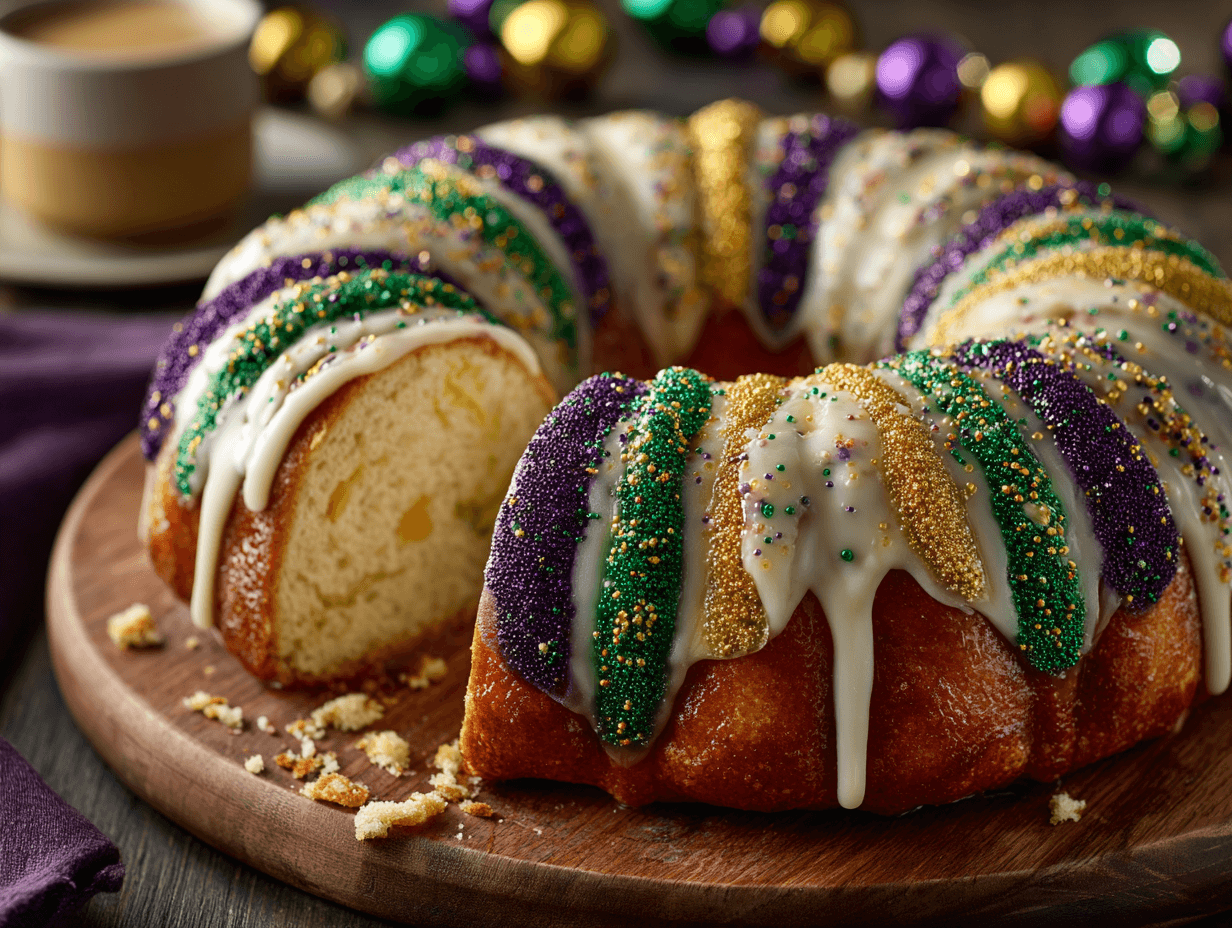 Cream Cheese Filled King Cake with a Rich Center and Classic Mardi Gras Colors 4 Cream Cheese Filled King Cake with glaze and Mardi Gras sugars