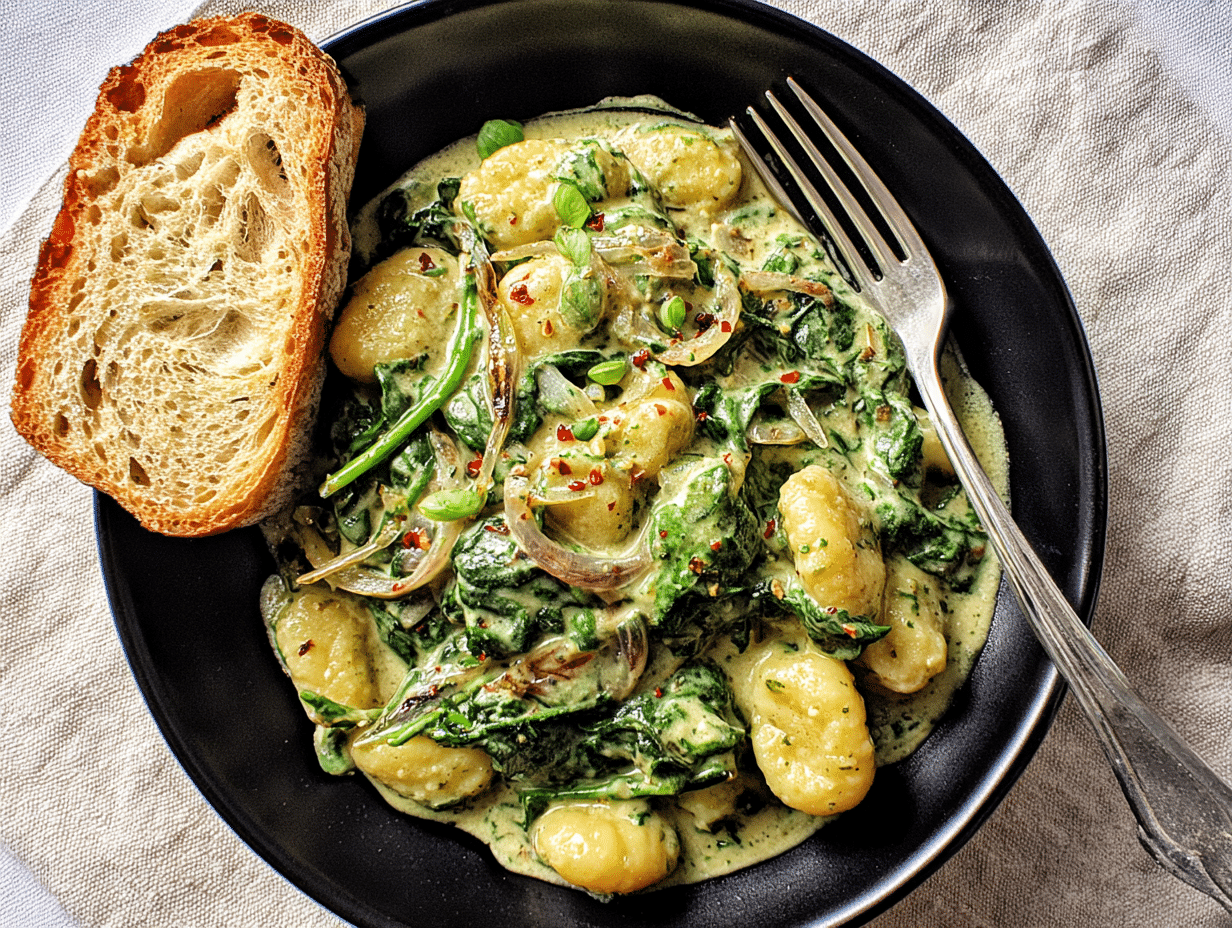 Creamy Pesto Gnocchi with Spinach: Remarkable 20-Min Happy Dinner 3 Creamy pesto gnocchi with spinach served with toasted bread on a black plate