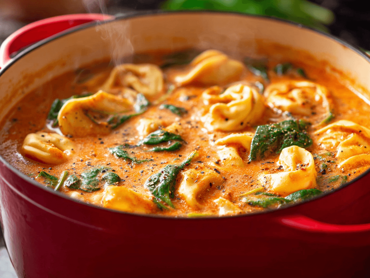 Creamy Tomato Tortellini Soup: A Comforting 30-Minute Family Favorite 4 Creamy Tomato Tortellini Soup in a red Dutch oven