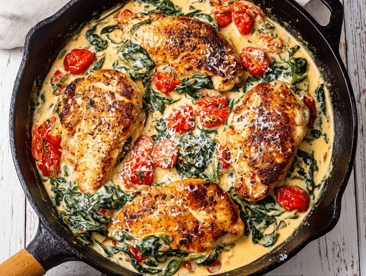 Creamy Tuscan Chicken Skillet – Easy One-Pan Recipe for Dinner 4 Creamy Tuscan Chicken Skillet in cast iron skillet with spinach and tomatoes