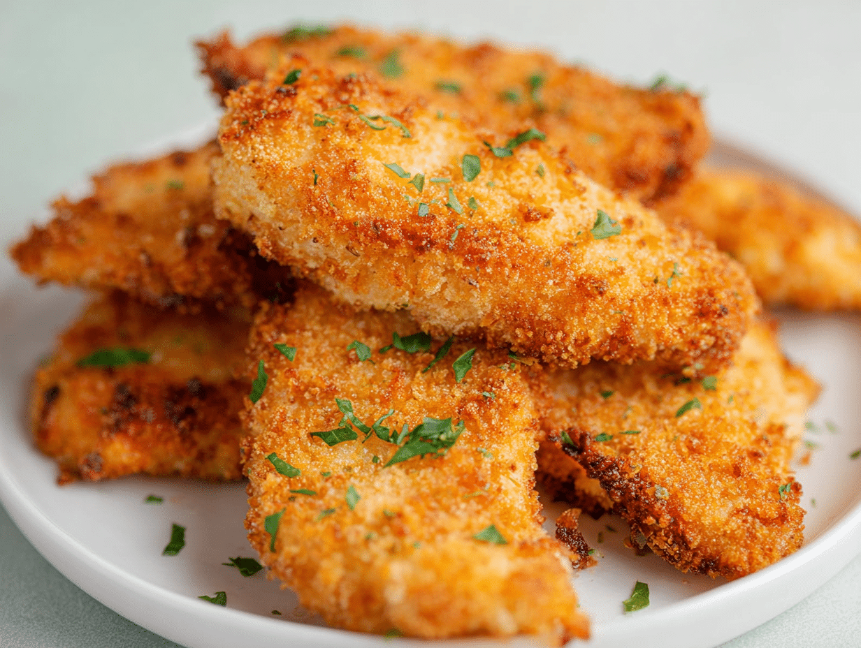 Crispy Air Fryer Chicken Tenders for a Perfect Crunch Every Time 4 Crispy Air Fryer Chicken Tenders on parchment with dipping sauce