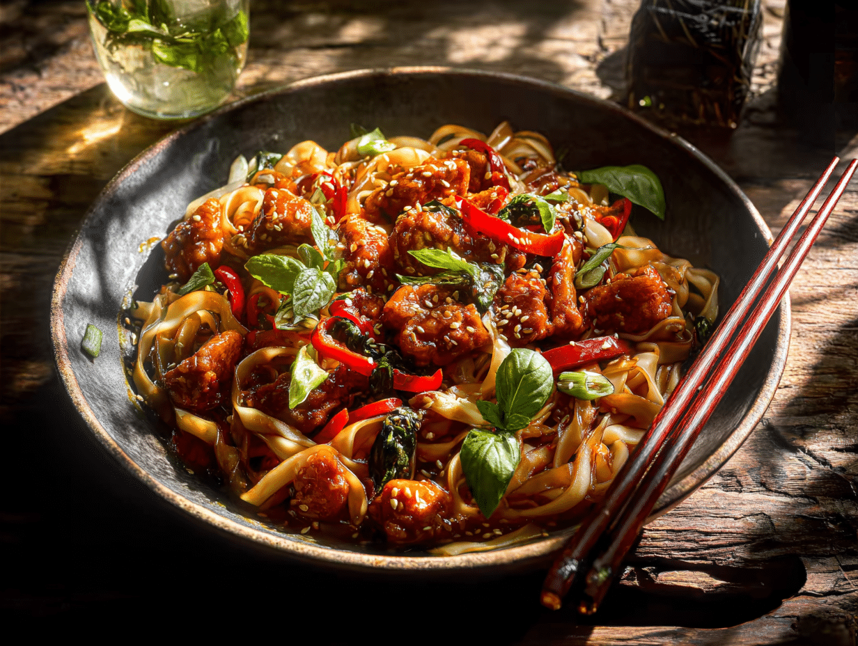 Crispy Garlic Chicken Noodles With Bold Crunch and Big Flavor 4 crispy garlic chicken noodles with golden chicken and rice noodles