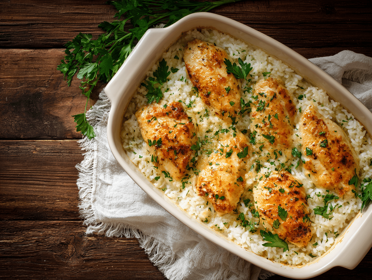 Dump and Bake Creamy Chicken and Rice – Easy Comfort Dinner 4 Dump and Bake Creamy Chicken and Rice casserole fresh from oven