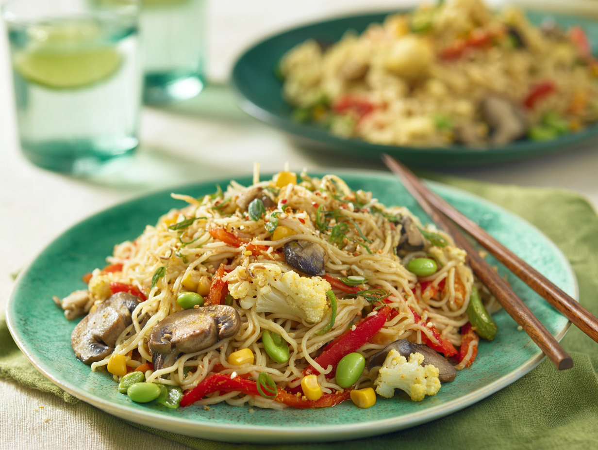 Frozen Veggie Stir-Fry and Egg Noodles: Ultimate 20-Minute Comfort Win 3 Frozen Veggie Stir-Fry and Egg Noodles with colorful mixed vegetables on a green plate