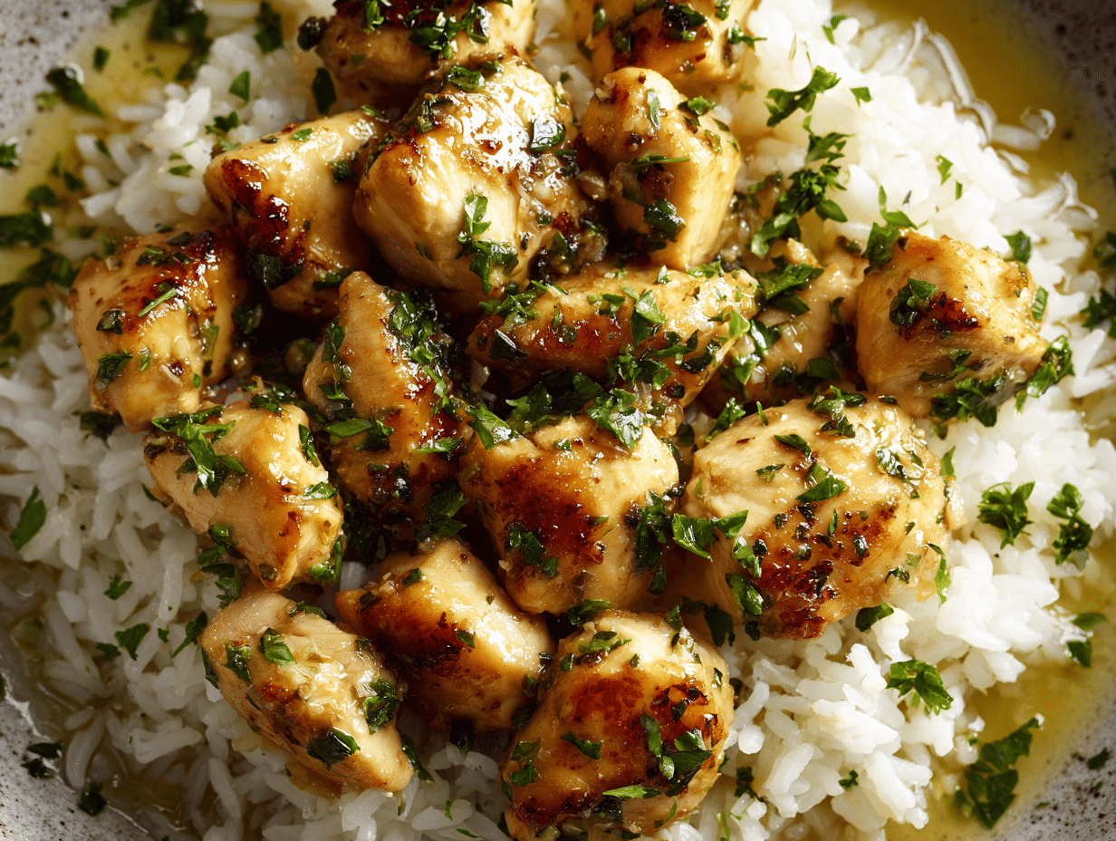 Garlic Butter Chicken Bites with Rice: Easy, Cozy Weeknight Win 5 Garlic butter chicken bites with rice in a skillet-style bowl