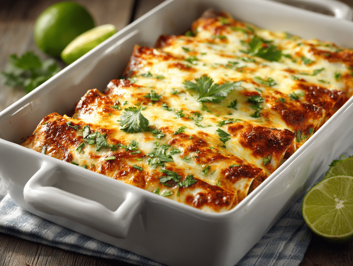 High-Protein Chicken Enchilada Bake That Tastes Bold and Feels Light 4 High-Protein Chicken Enchilada Bake sliced in a casserole dish