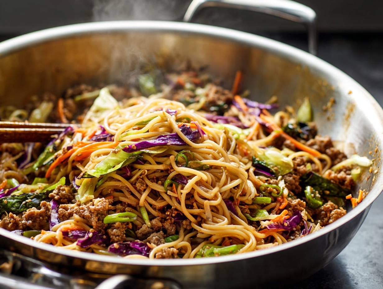 High-Protein Potsticker Noodle Bowl: 25-Min Terrific No-Takeout Win 4 High-Protein Potsticker Noodle Bowl with lean pork, noodles, and cabbage in a skillet