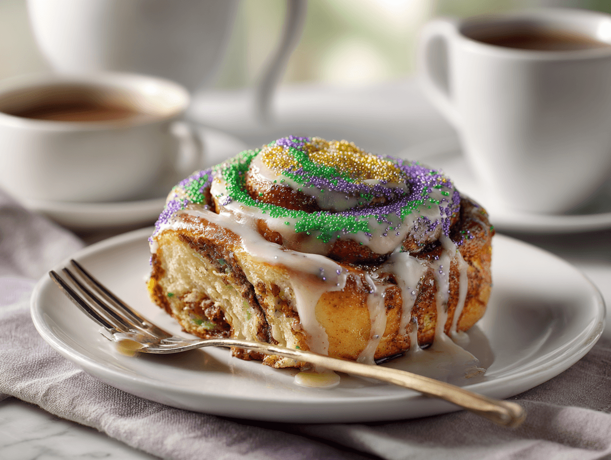 King Cake Cinnamon Rolls: Simple Mardi Gras Flavor at Home 4 Serving King Cake Cinnamon Rolls warm for Mardi Gras brunch
