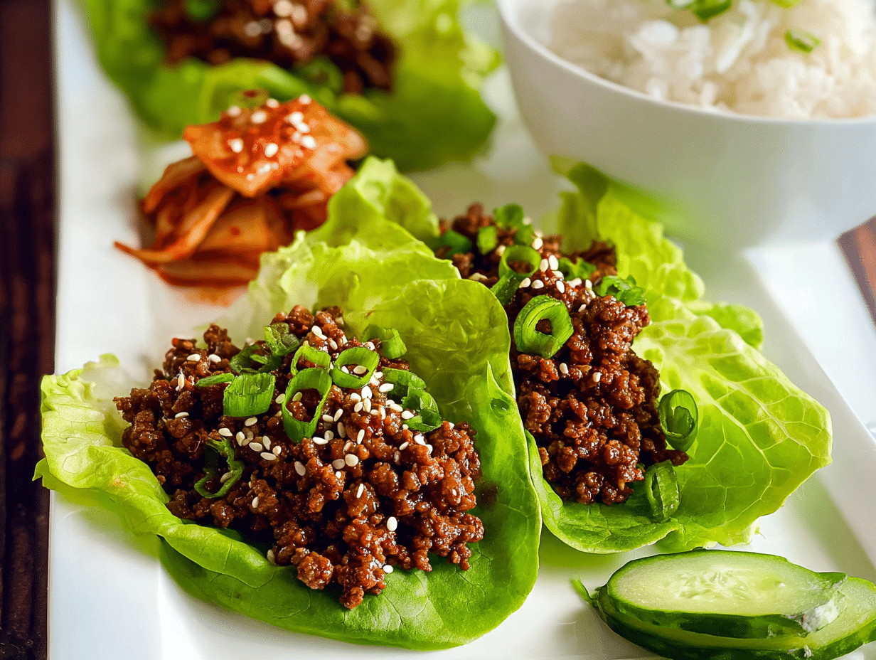 Korean Beef Lettuce Wraps That Taste Bold and Stay Light 4 Korean Beef Lettuce Wraps plated with toppings