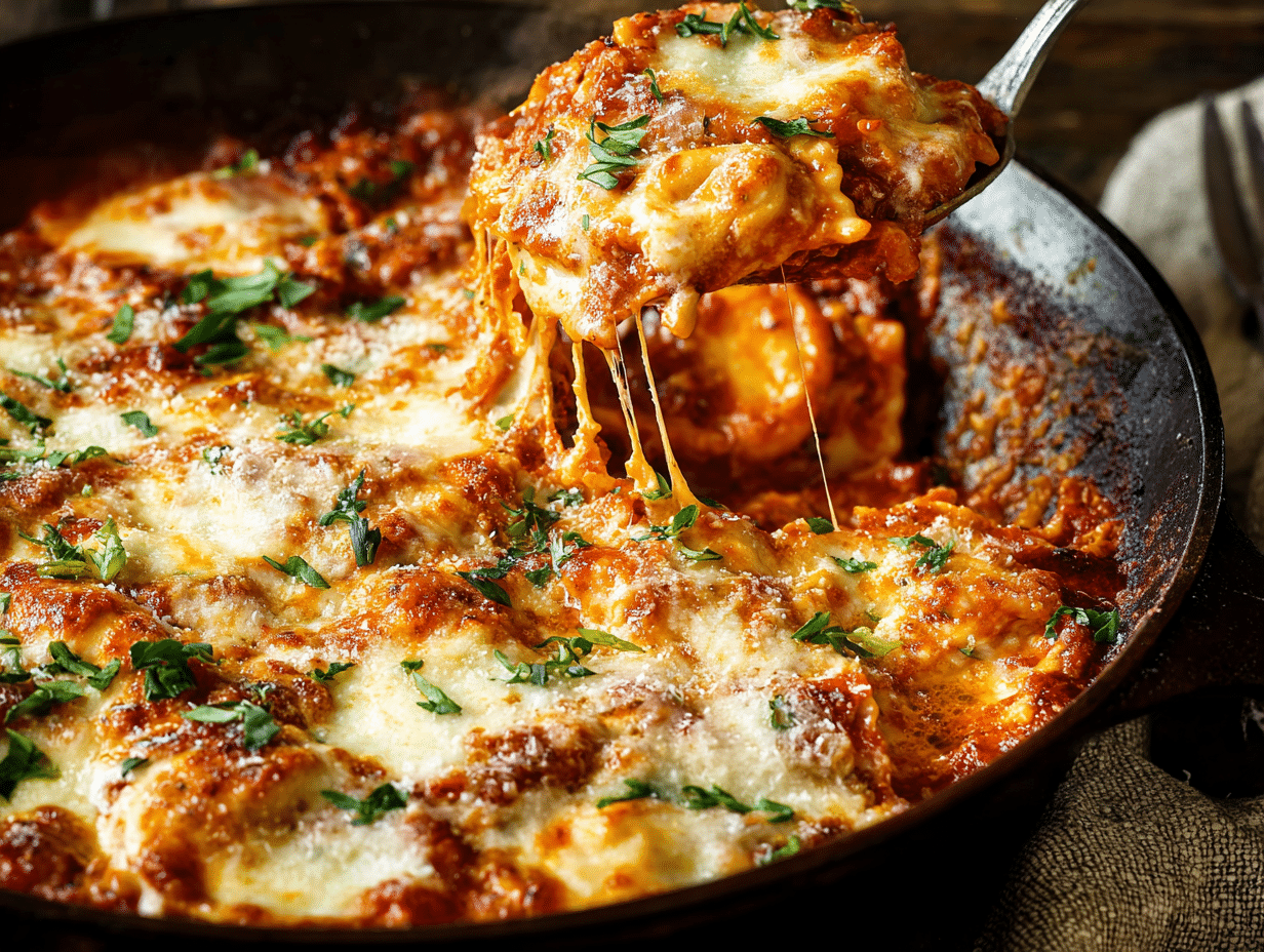 Lazy Lasagna Skillet Ravioli Bake: Simple 20-Minute Comfort Dinner 4 Lazy Lasagna Skillet Ravioli Bake with melted mozzarella and rich marinara in cast iron skillet