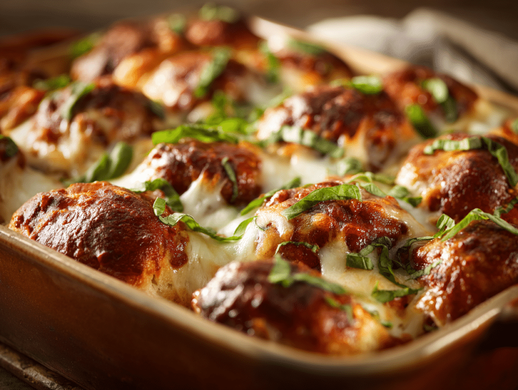 Meatball Sub Bake in a casserole dish with melted cheese