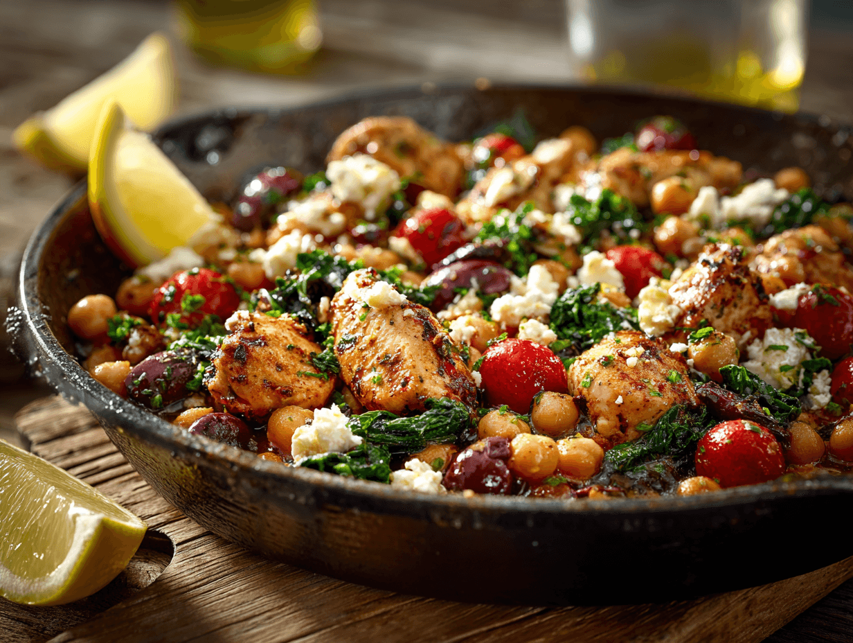 Mediterranean Chickpea Chicken Skillet: Easy, Bright, and Satisfying One-Pan Dinner 4 Mediterranean Chickpea Chicken Skillet in a cast-iron pan