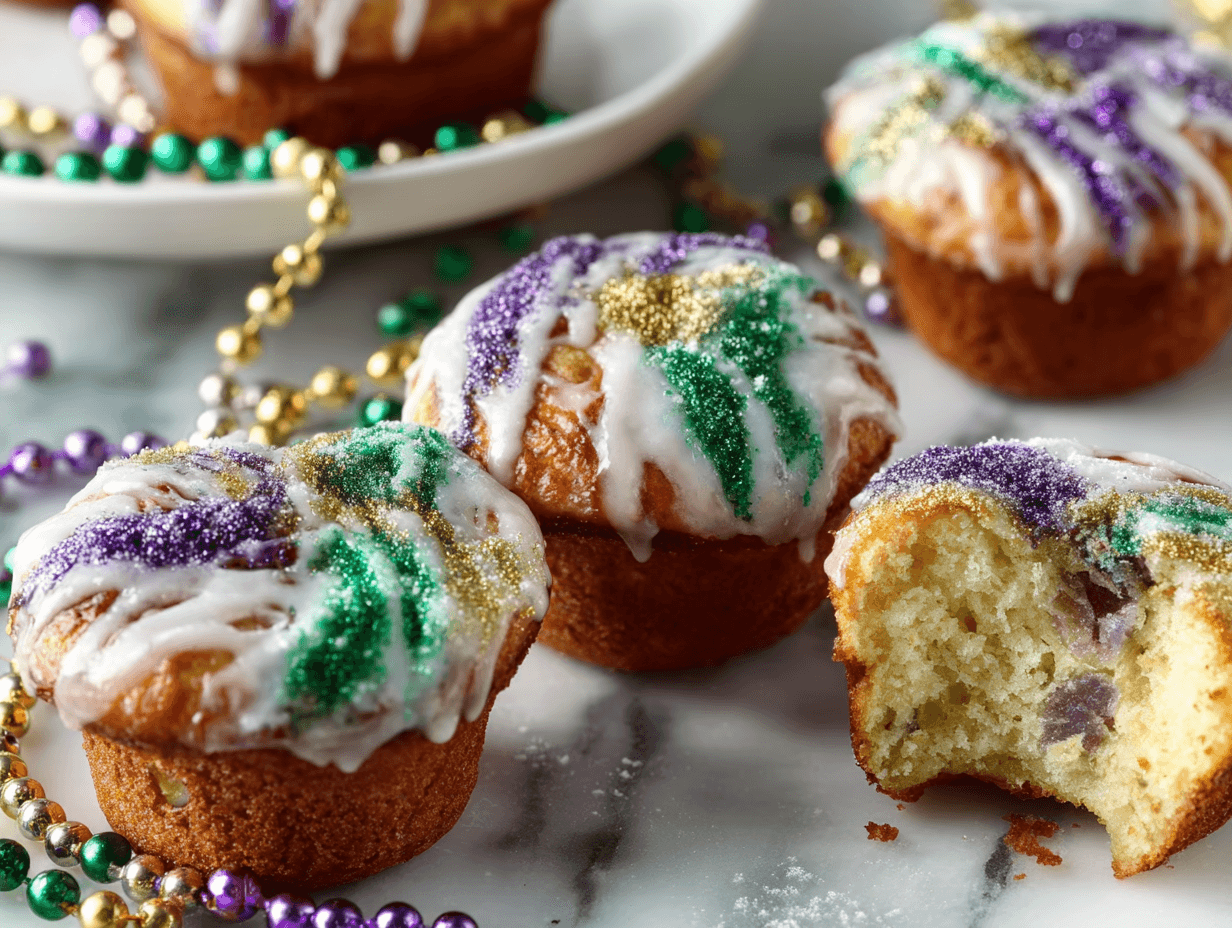 Mini King Cake Muffins With Happy Mardi Gras Flavor in Every Bite 4 mini king cake muffins with glaze and Mardi Gras sugar
