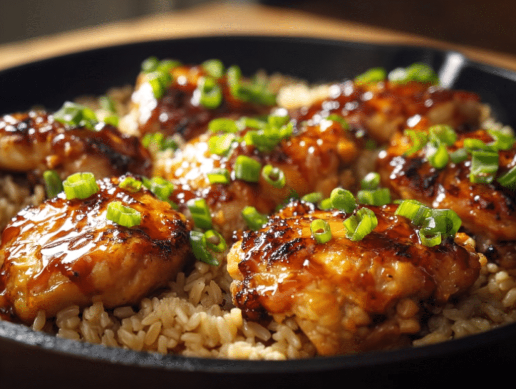 One pan honey BBQ chicken and rice with sticky glazed chicken and green onion garnish in skillet