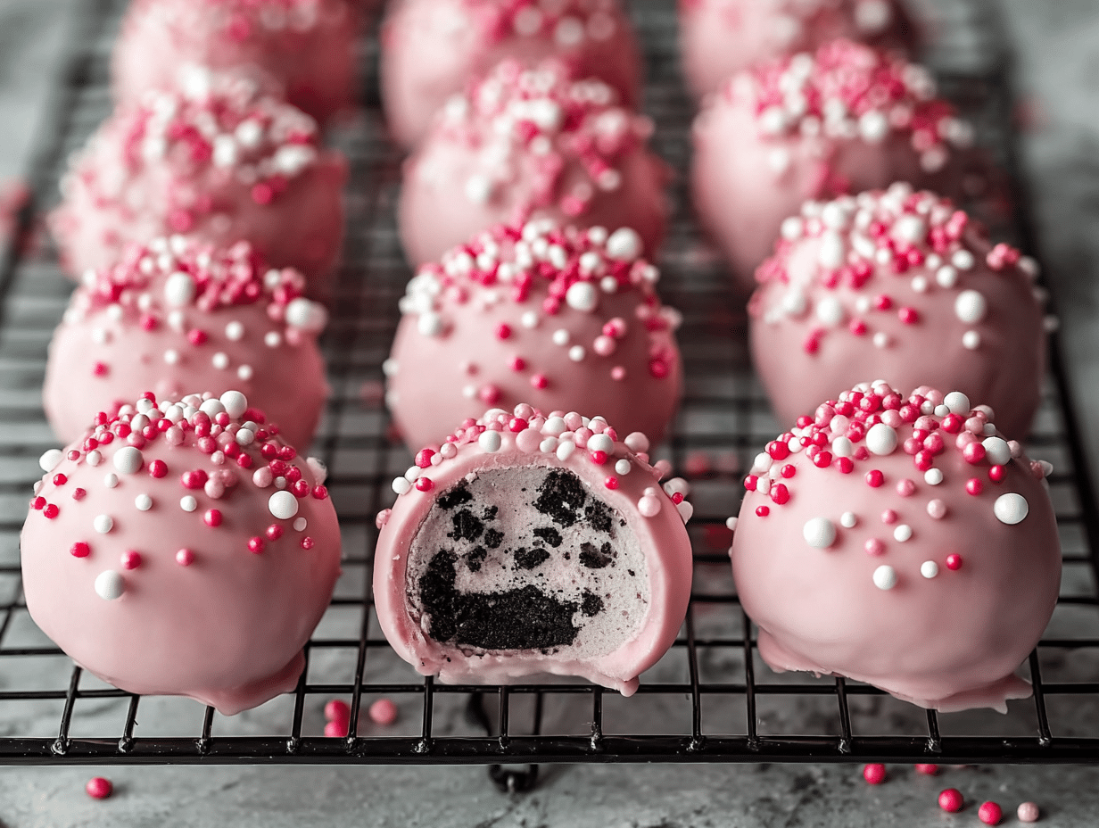 Oreo Truffle Balls with Pink Candy Coating – Easy No-Bake Party Treat 1 Oreo truffle balls with pink candy coating topped with sprinkles and creamy Oreo filling